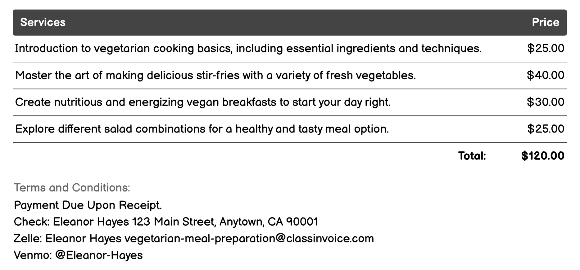 Virtual Cooking Sessions Invoice Example