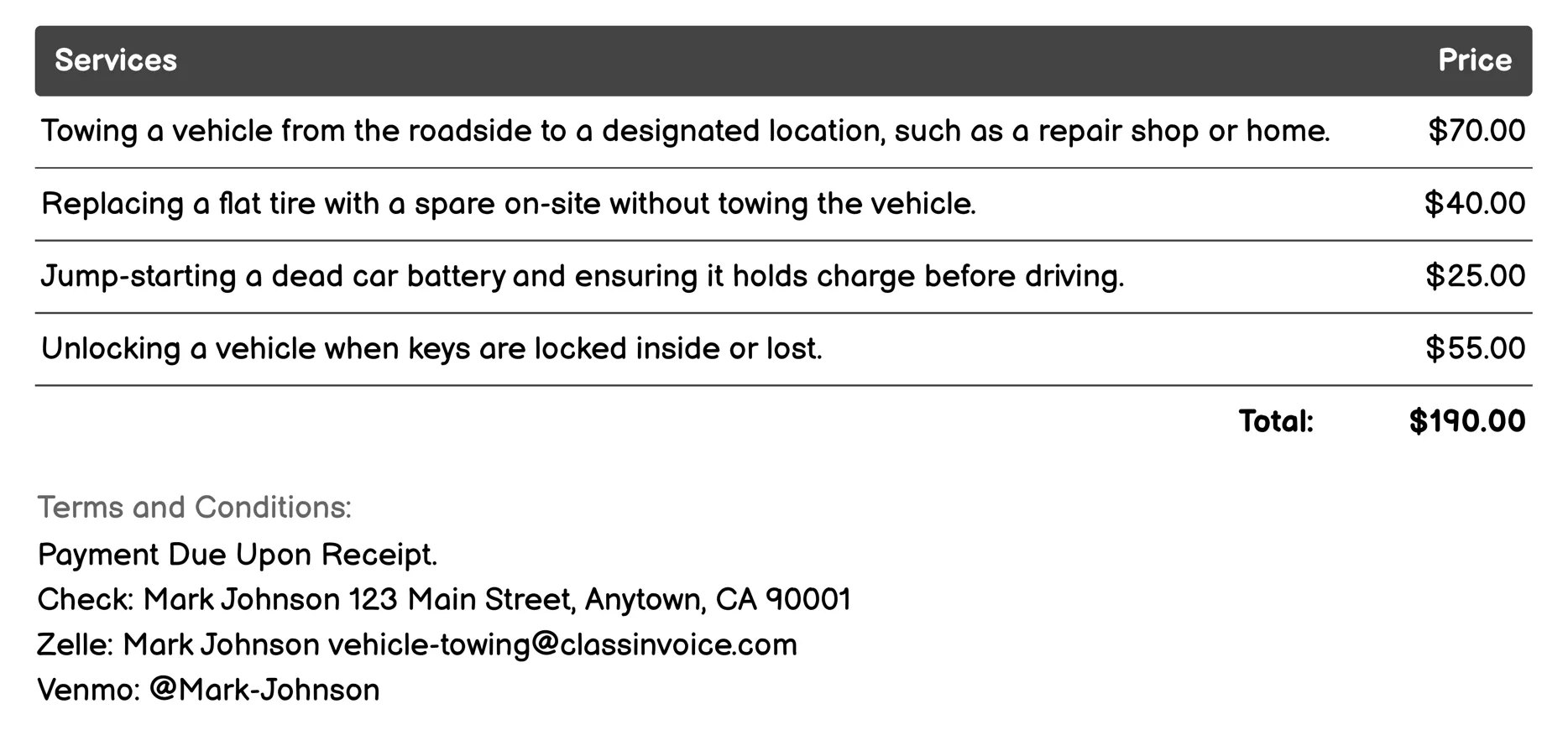 Emergency Roadside Assistance Towing Invoice Example