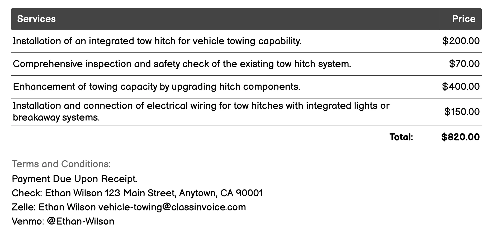 Integrated Tow Hitch Invoice Example