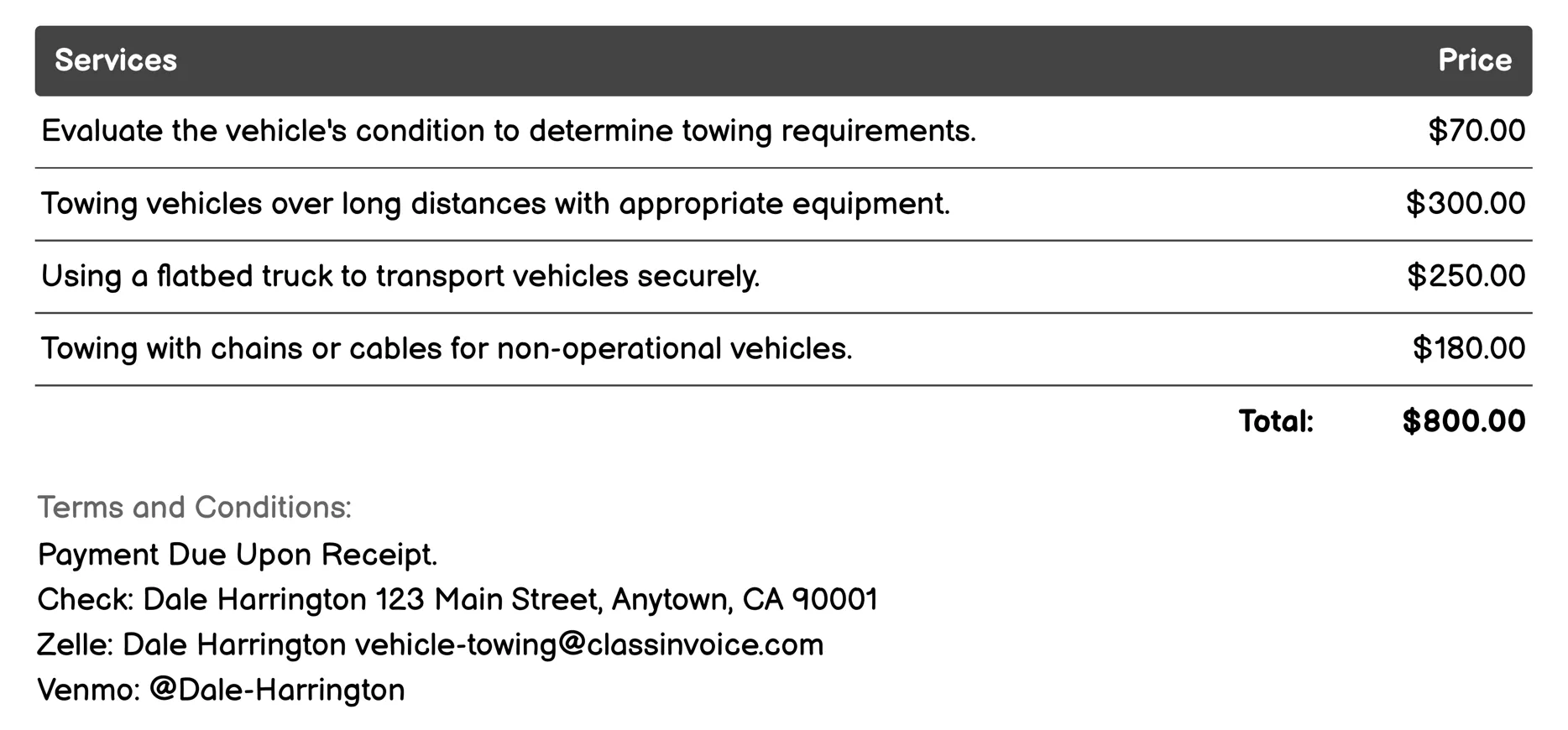 Long-Distance Towing Invoice Example