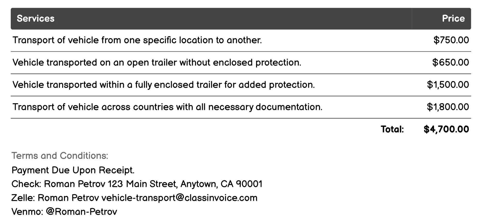 Car Shipping Invoice Example