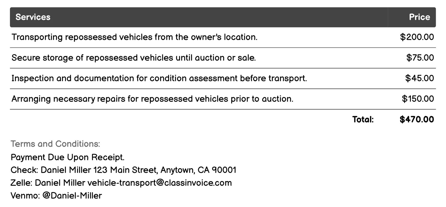 Repossessed Vehicle Transport Invoice Example