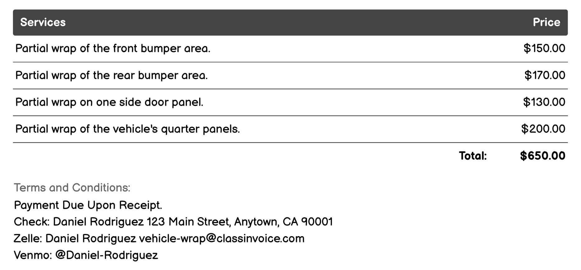 Partial vehicle wrap Invoice Example