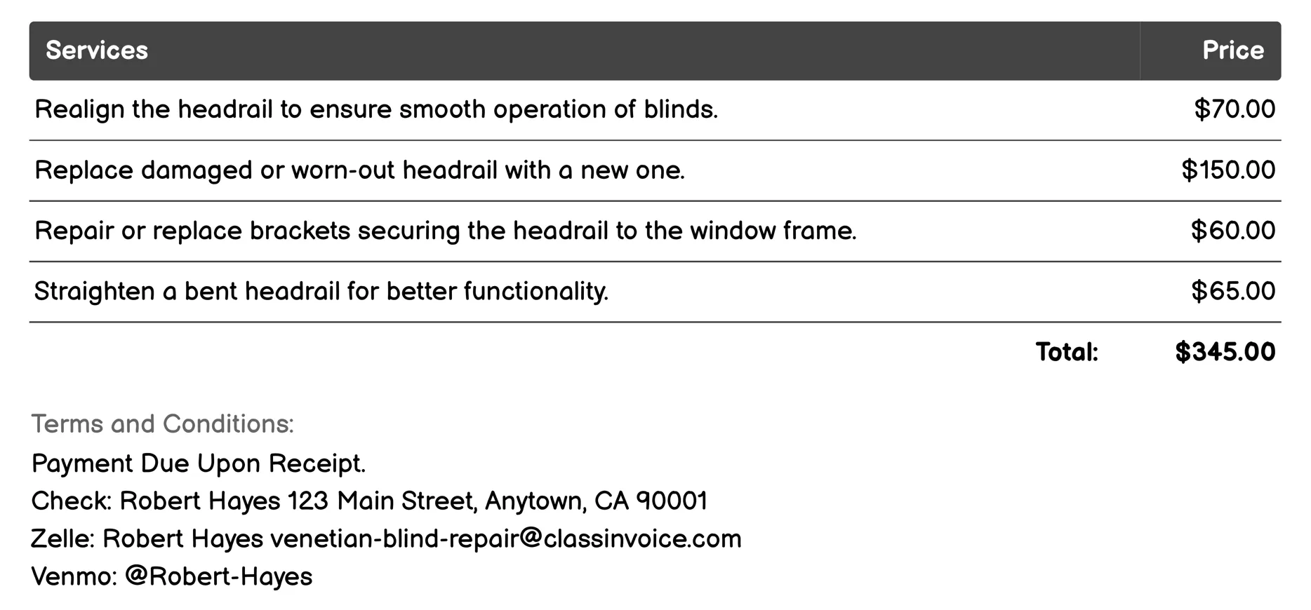 Headrail Repair Invoice Example