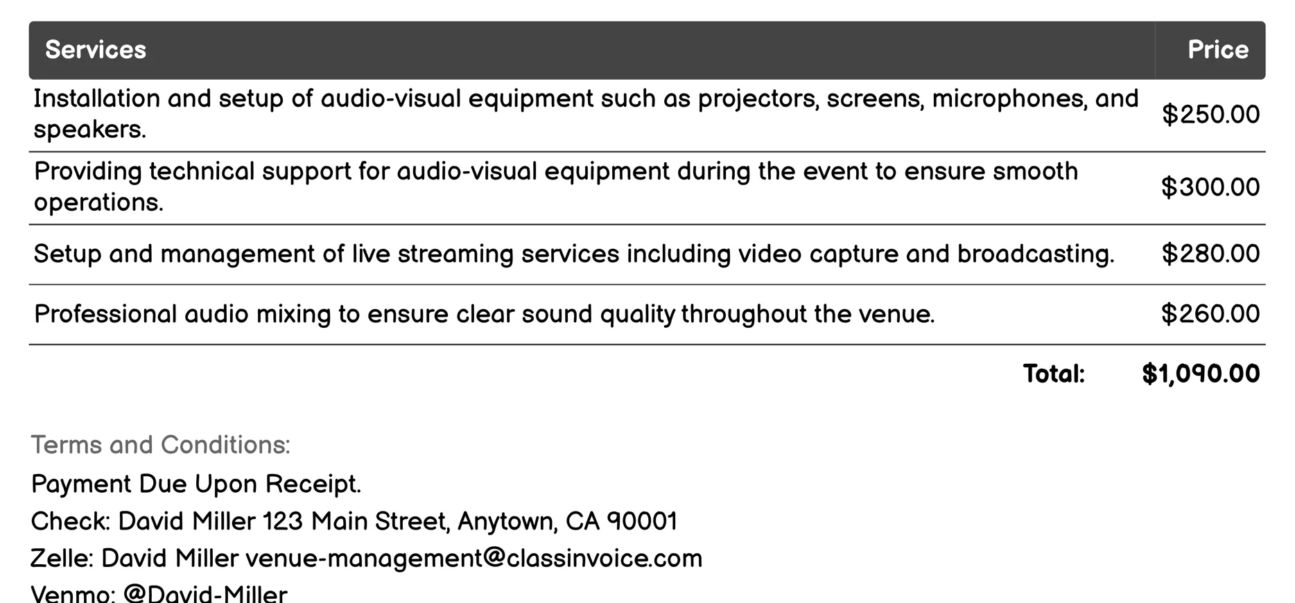 Audio-Visual Support Invoice Example