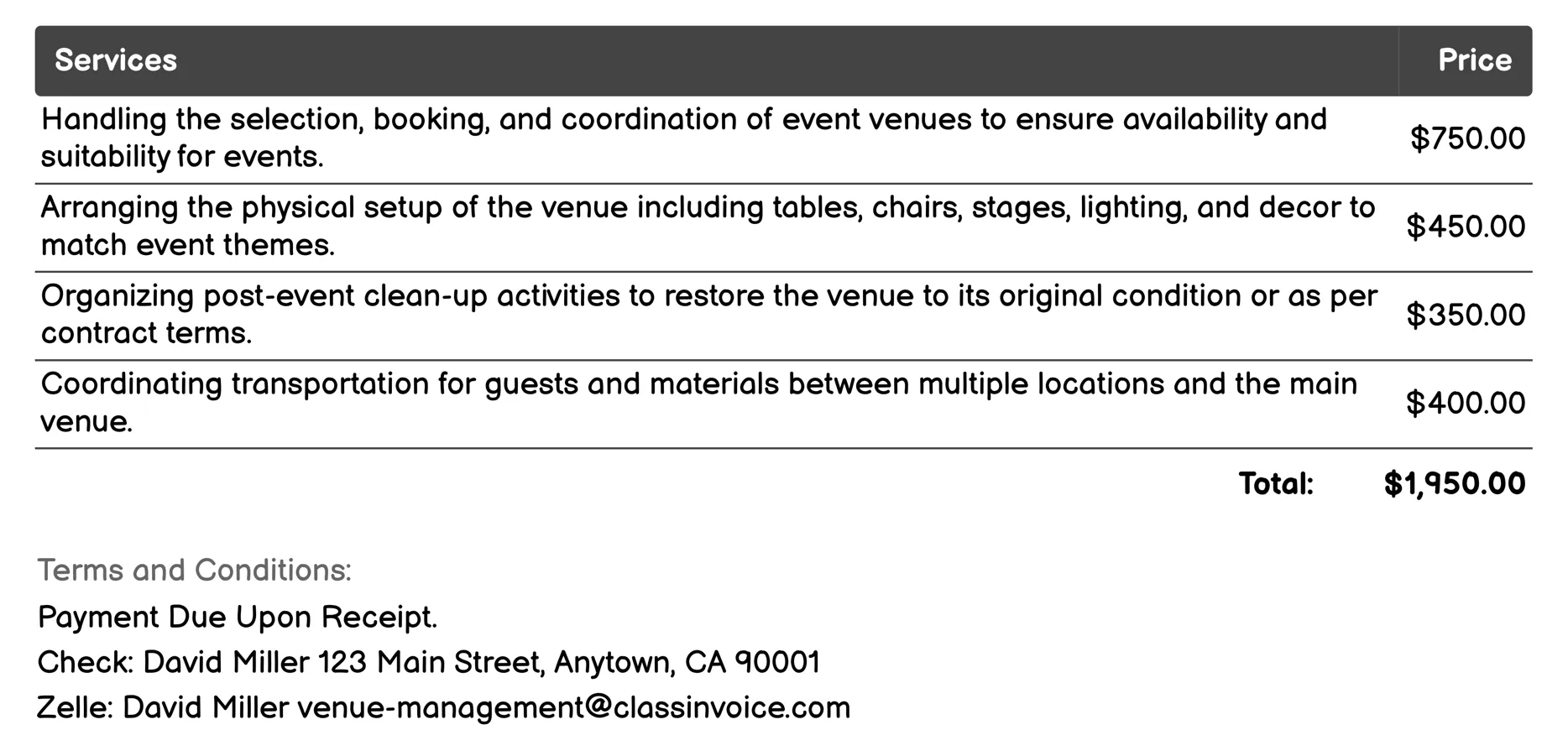 Event Planning and Coordination Invoice Example