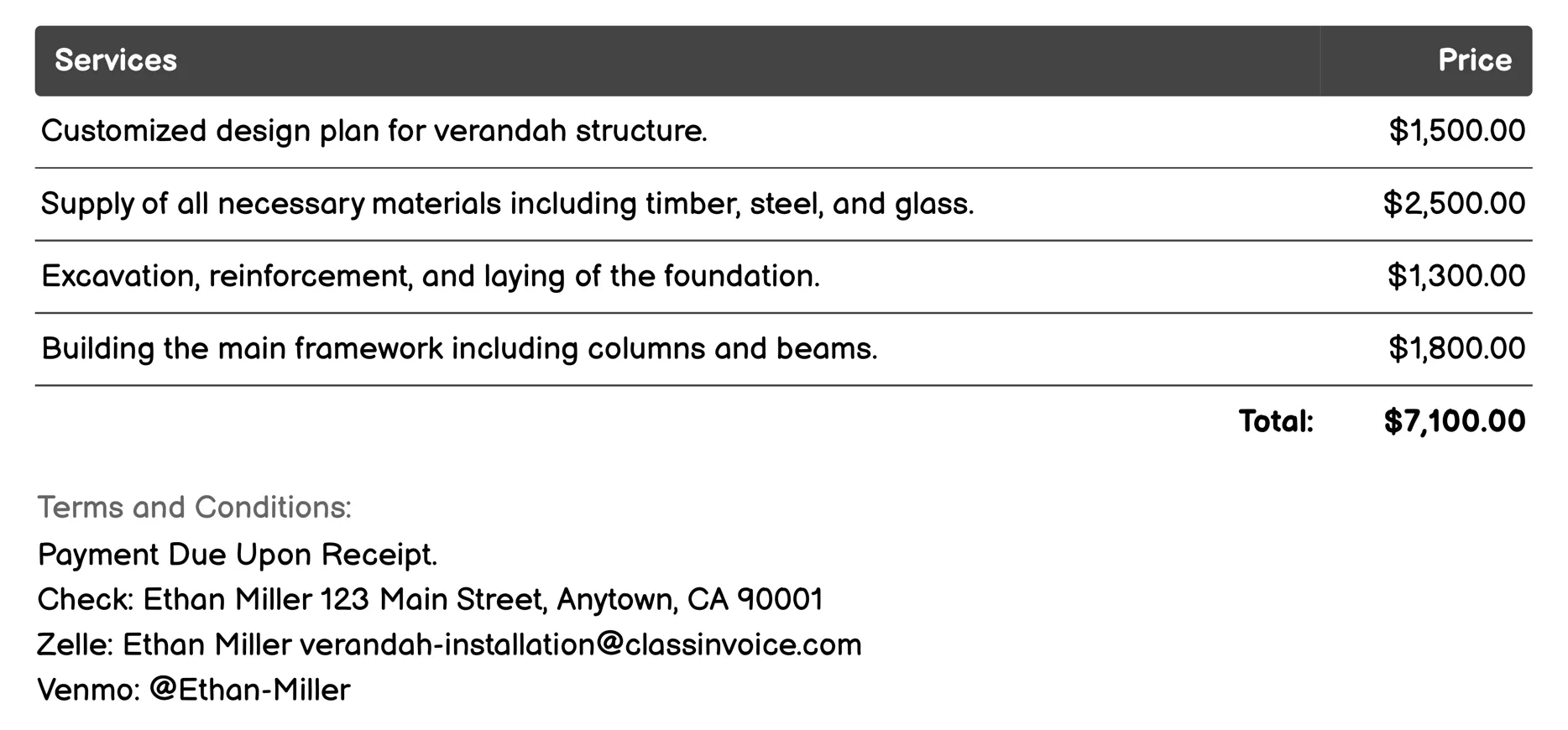 Complete Verandah Package Invoice Example