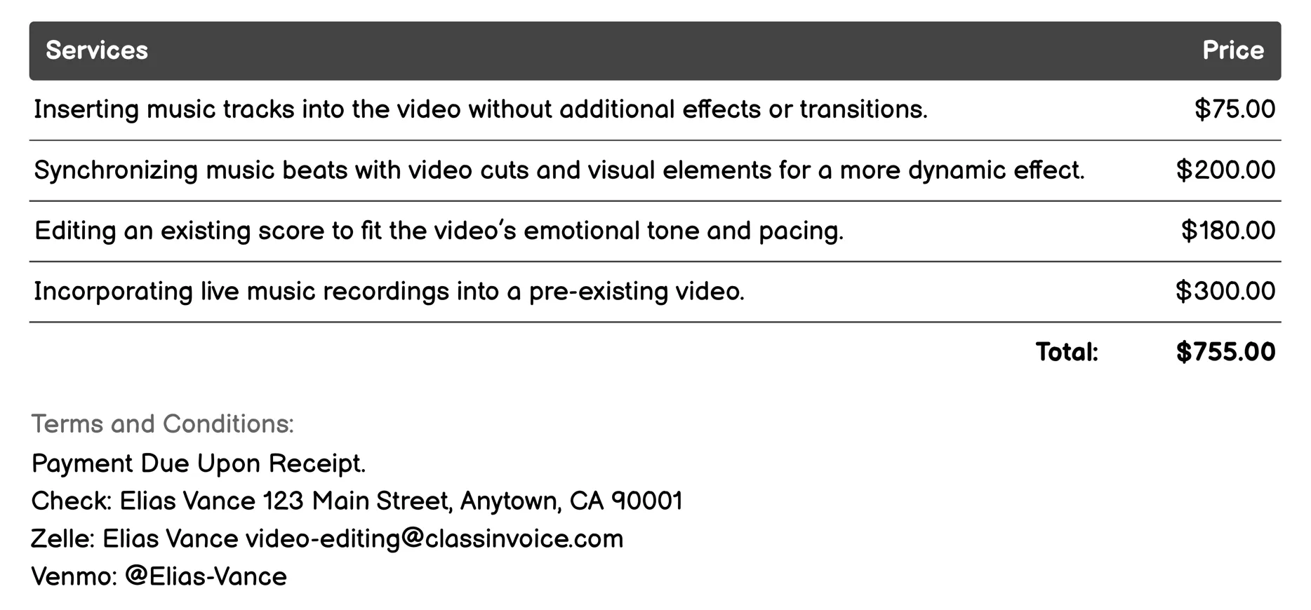Music Integration Invoice Example