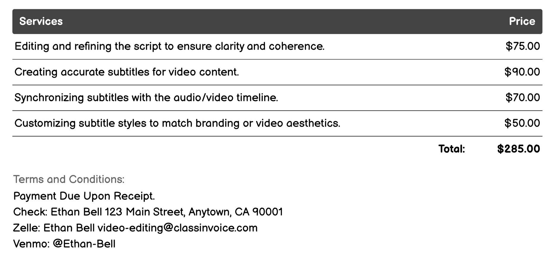 Text and Subtitles Invoice Example