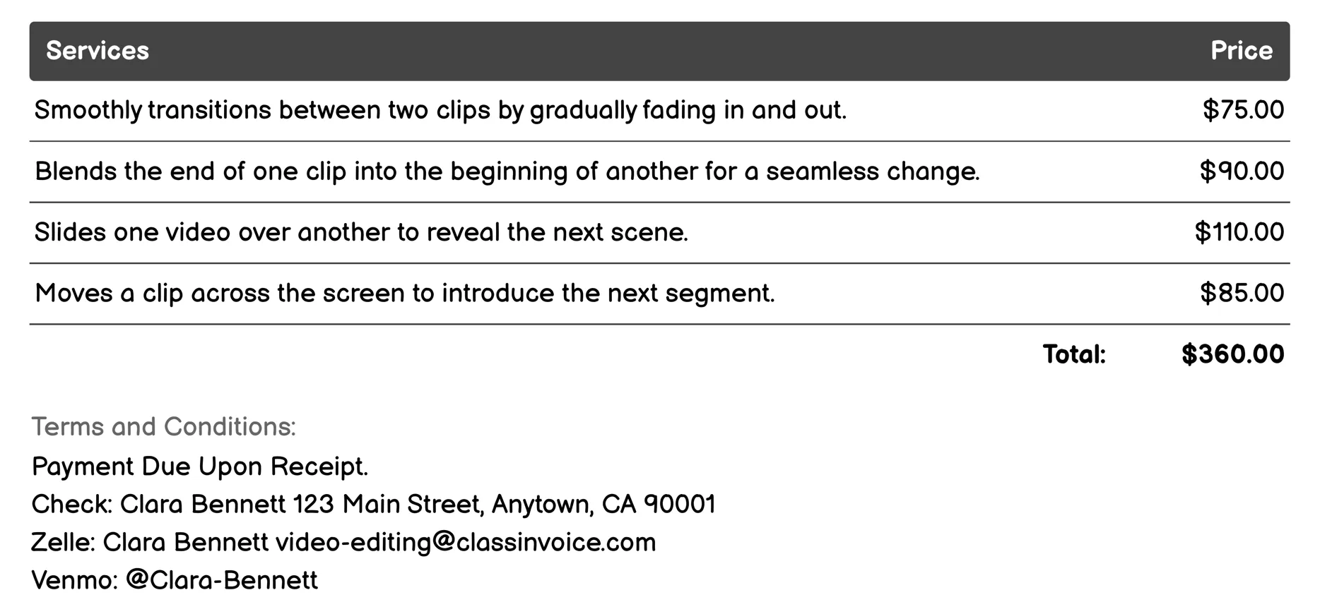 Transitions Invoice Example