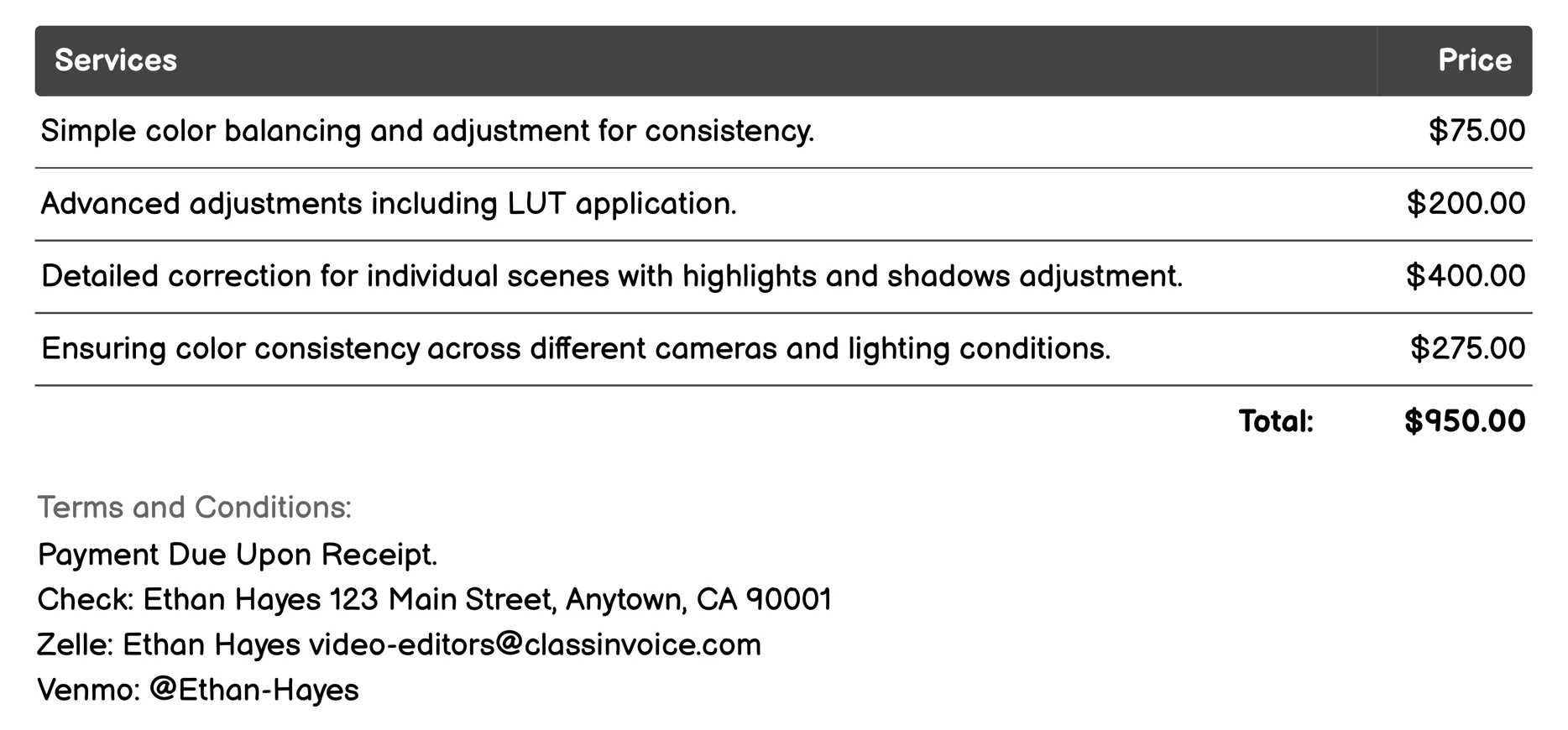 Color Correction Invoice Example