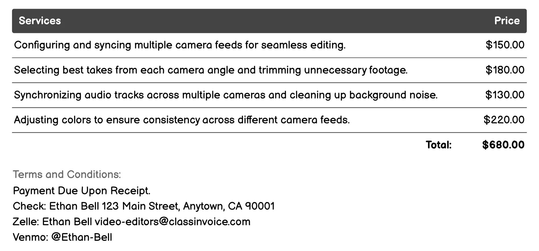 Multi-Camera Editing Invoice Example