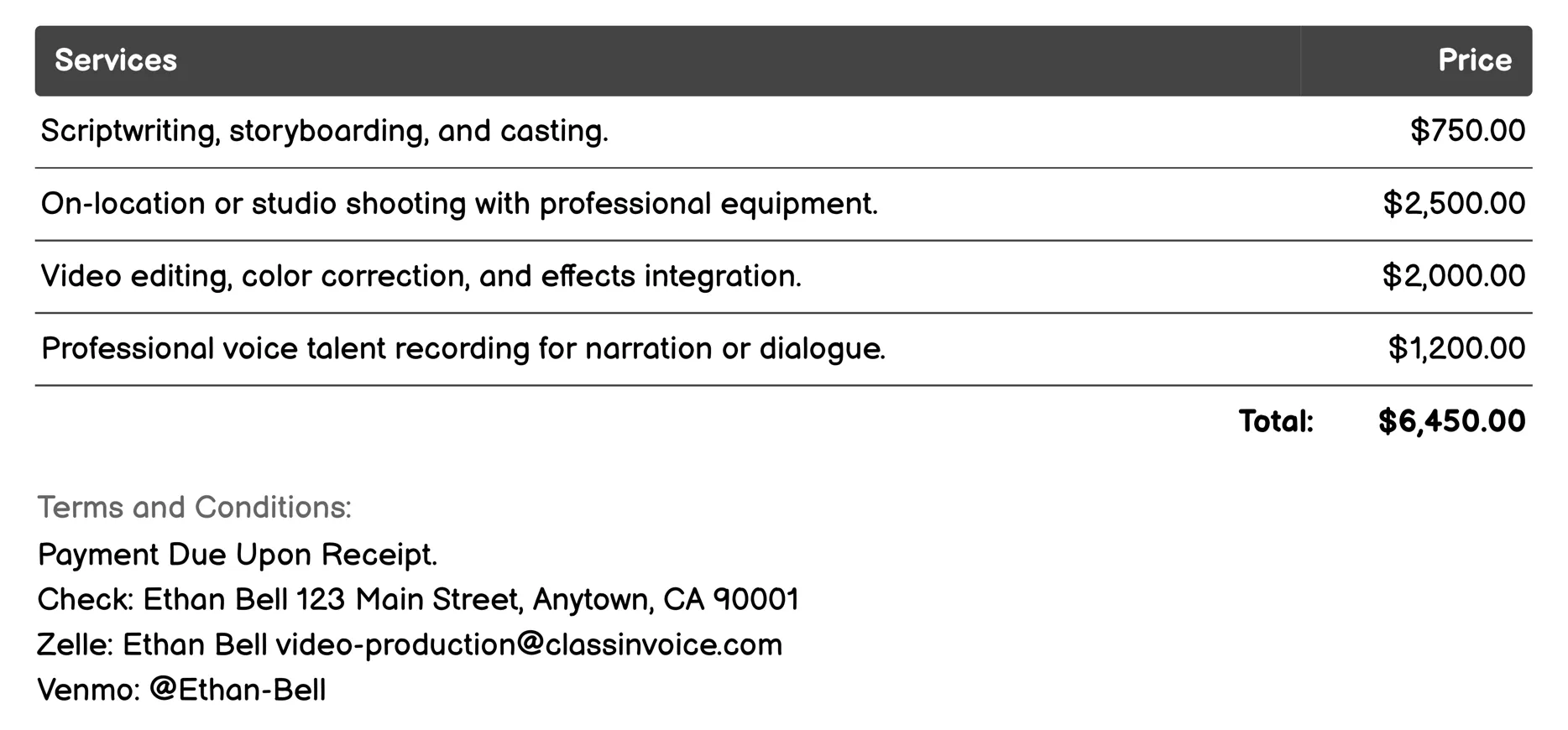 Corporate Video Production Invoice Example