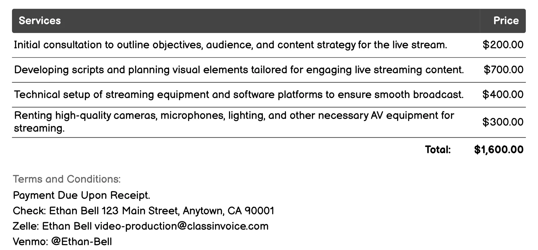 Live Streaming Services Invoice Example