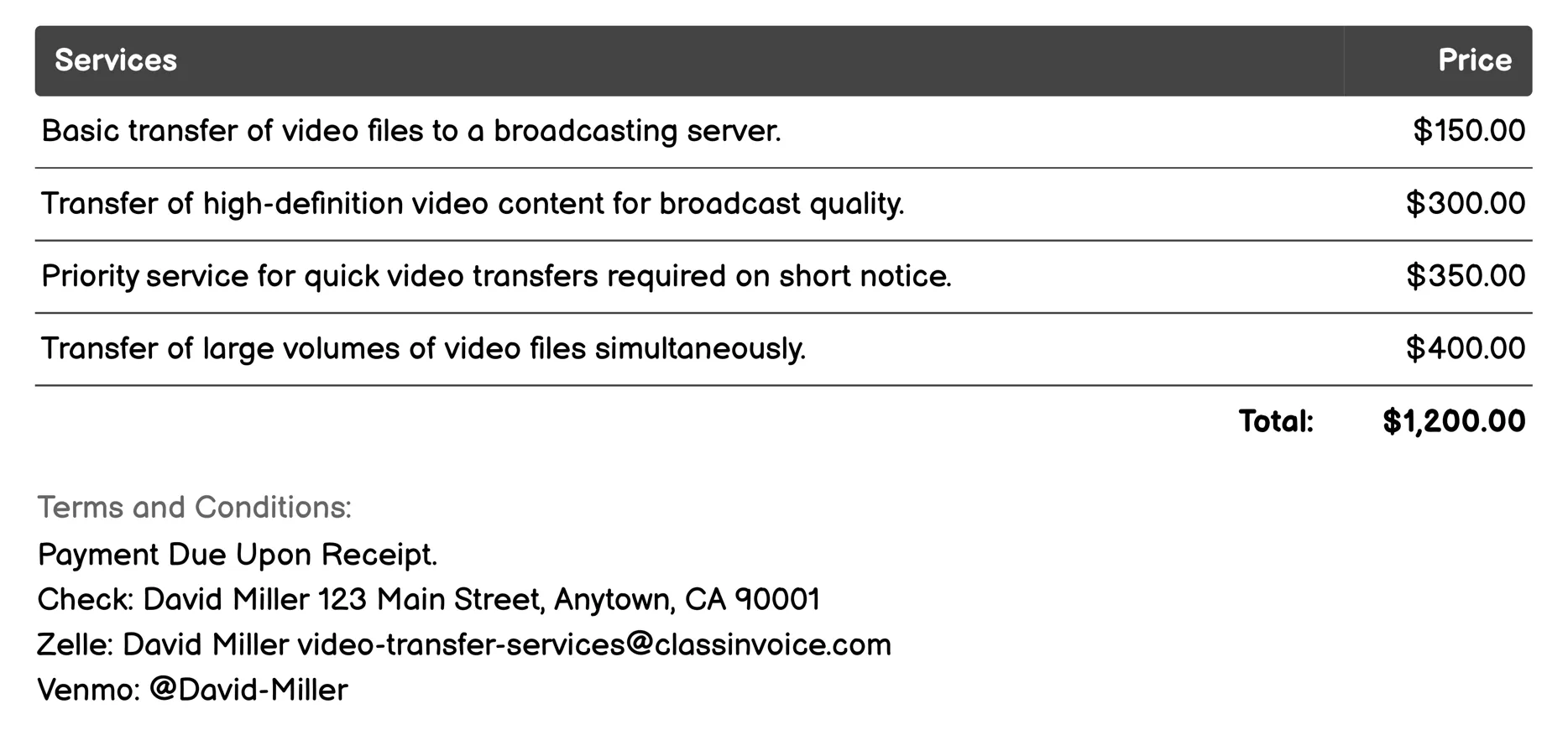 Broadcasting Services Invoice Example