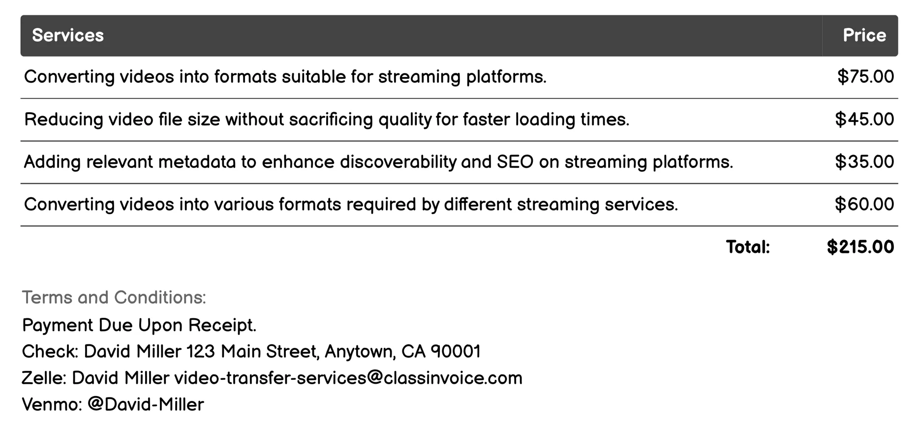 Streaming Services Invoice Example
