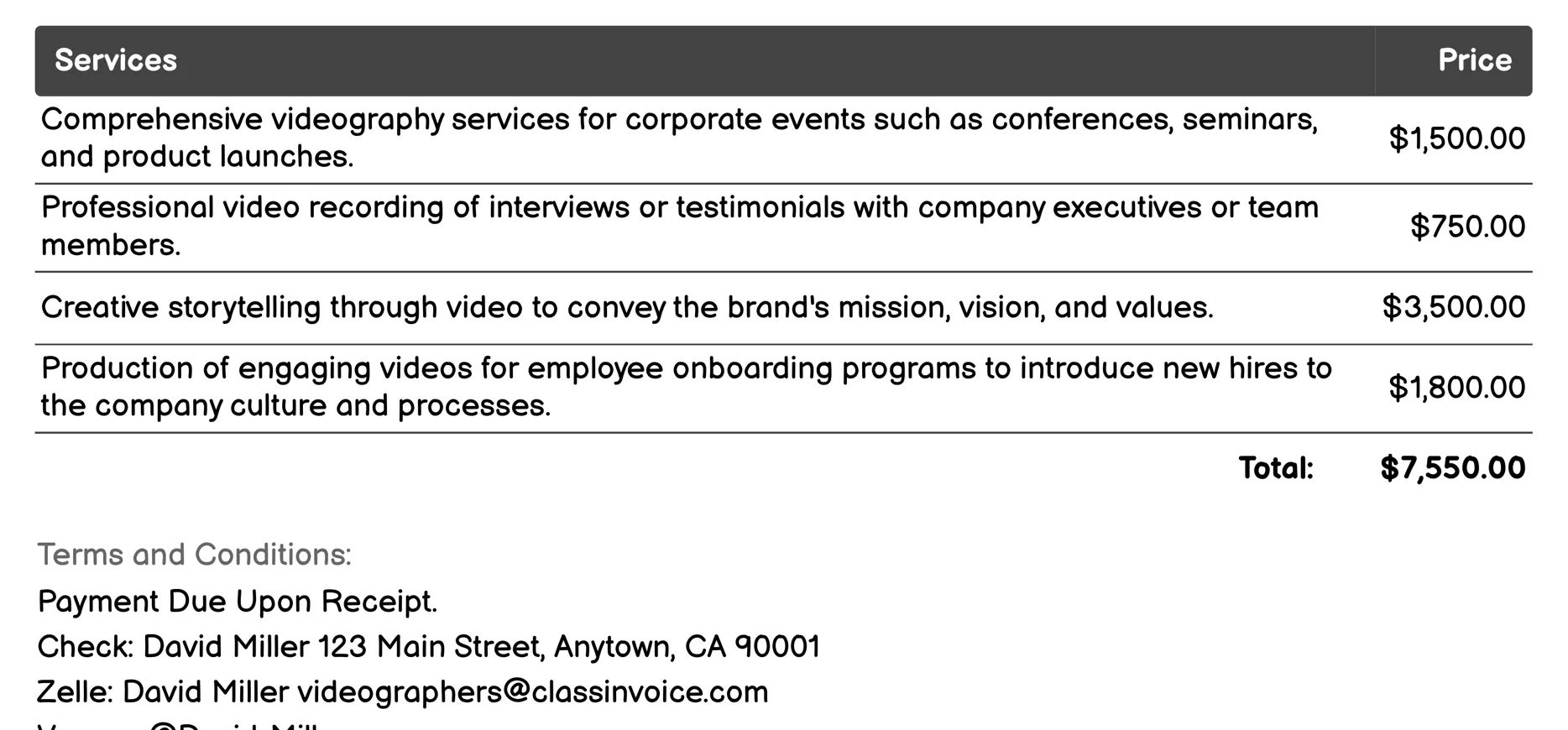 Corporate Videography Invoice Example