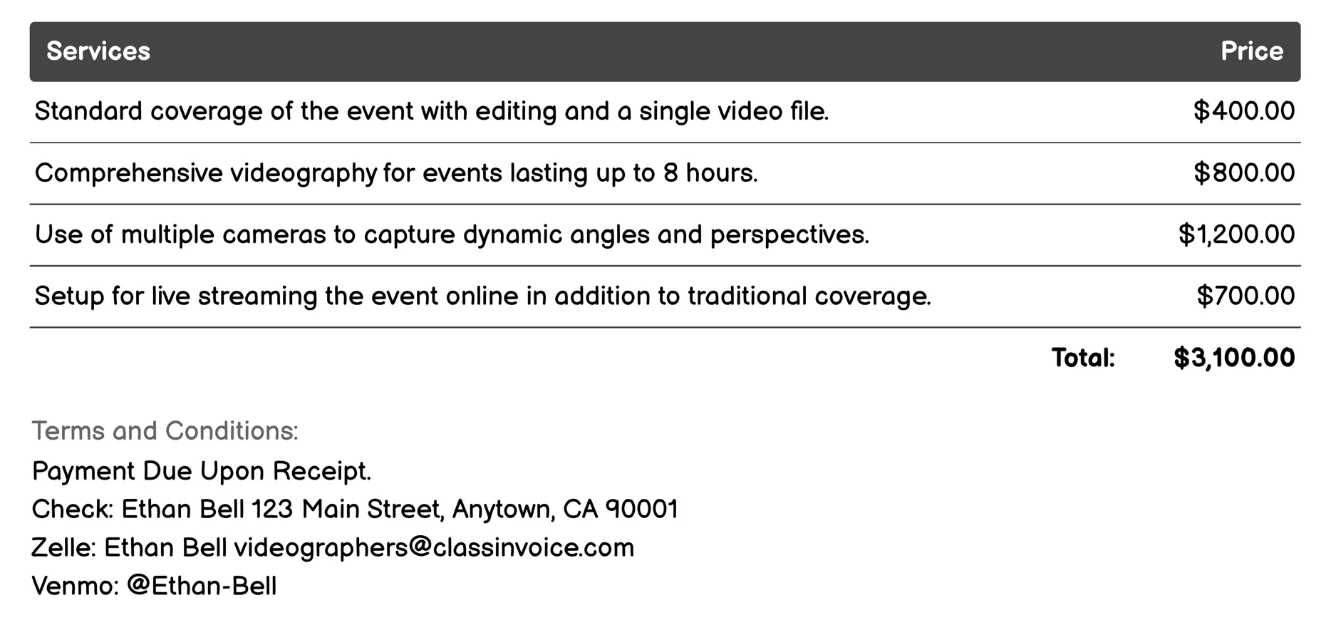 Live Event Coverage Invoice Example