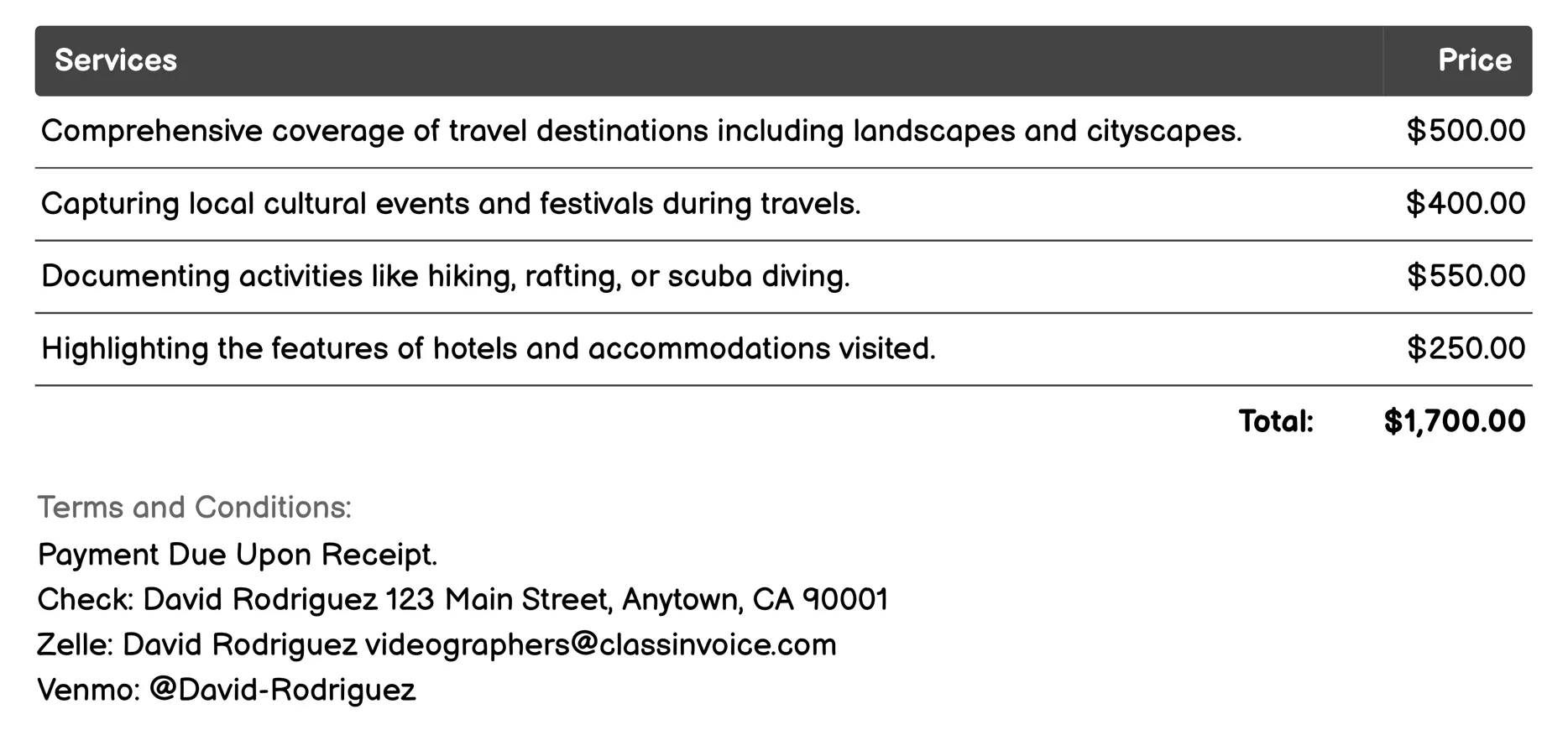 Travel Videography Invoice Example