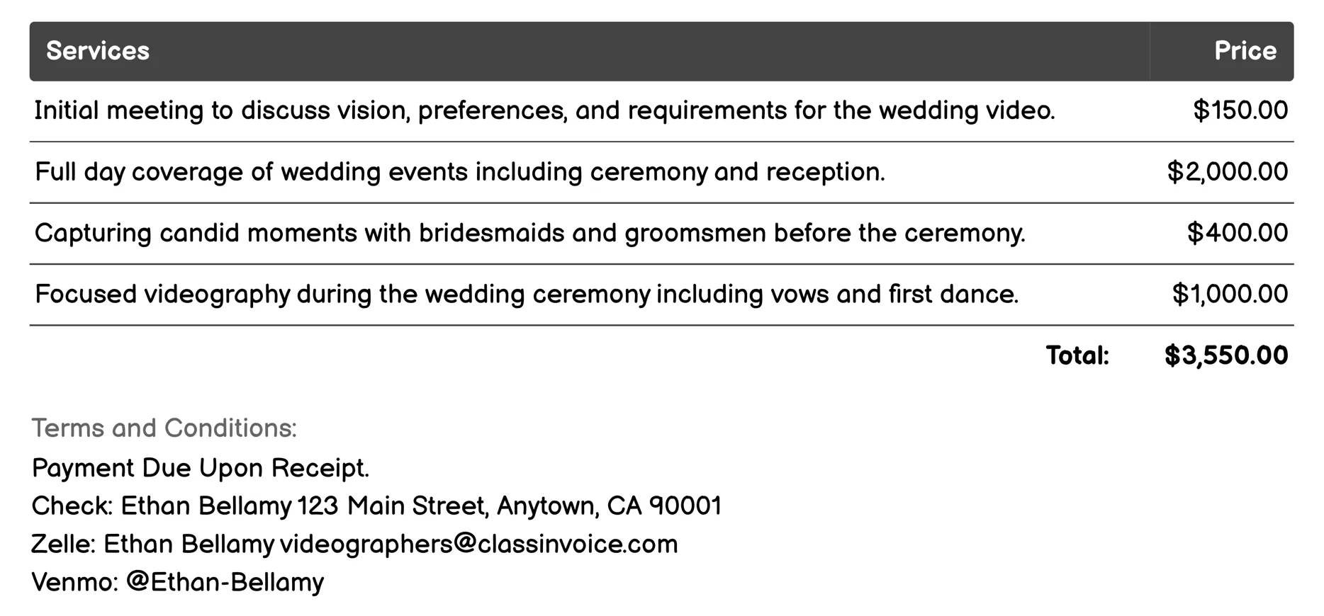 Wedding Cinematography Invoice Example
