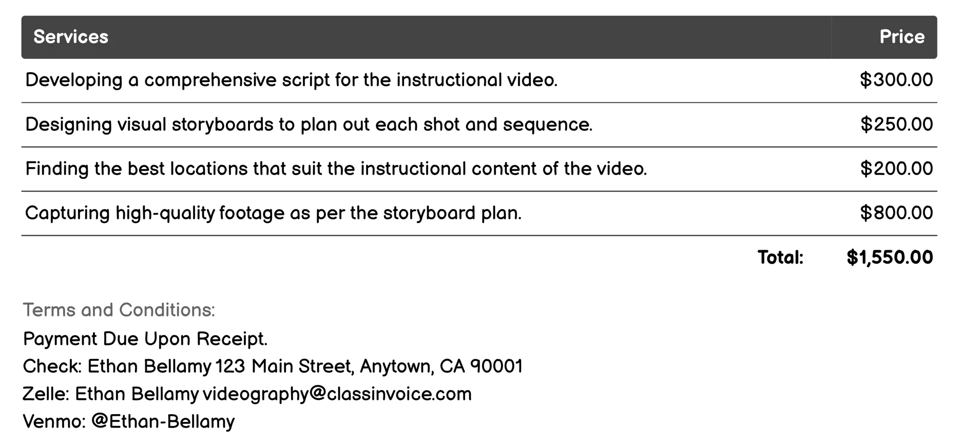 Instructional Video Production Invoice Example