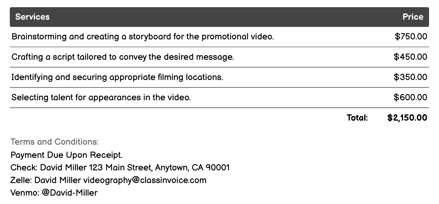 Promotional Video Production Invoice Example
