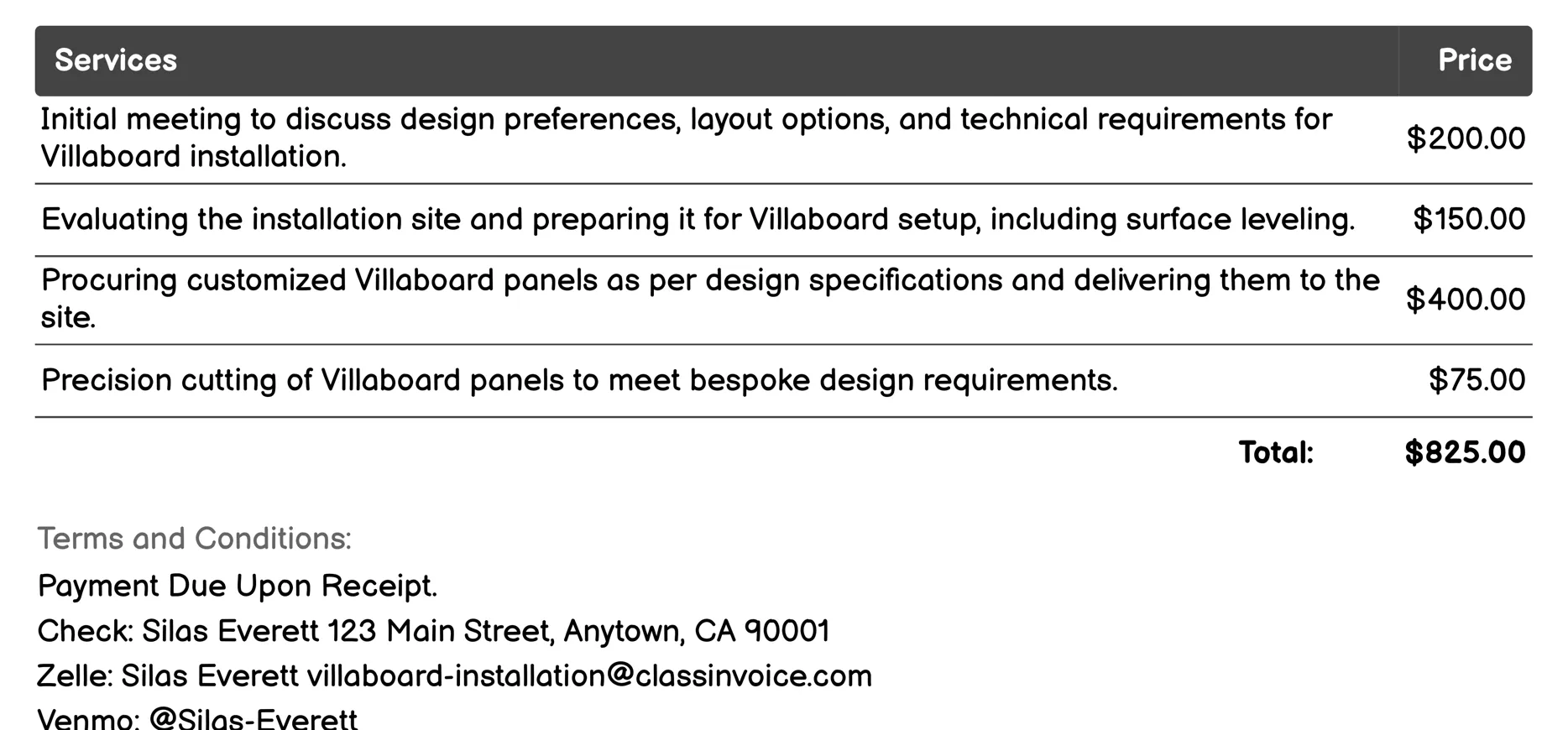 Customized Design Installation Invoice Example