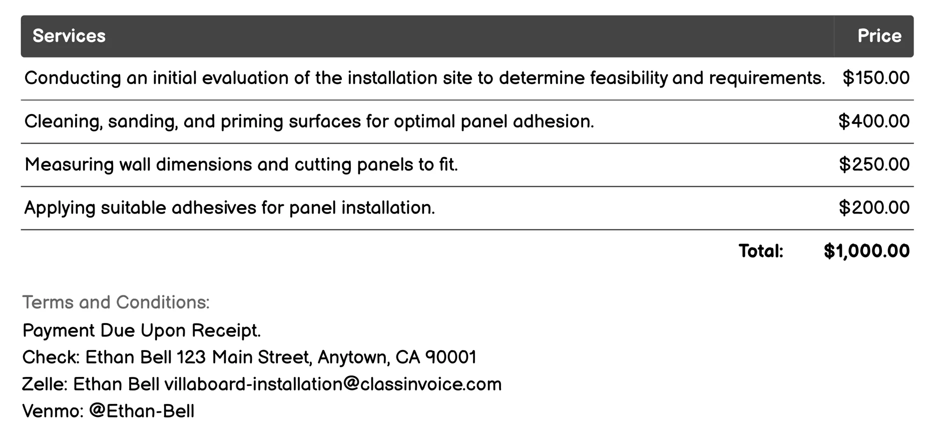 Wall Panel Installation Invoice Example