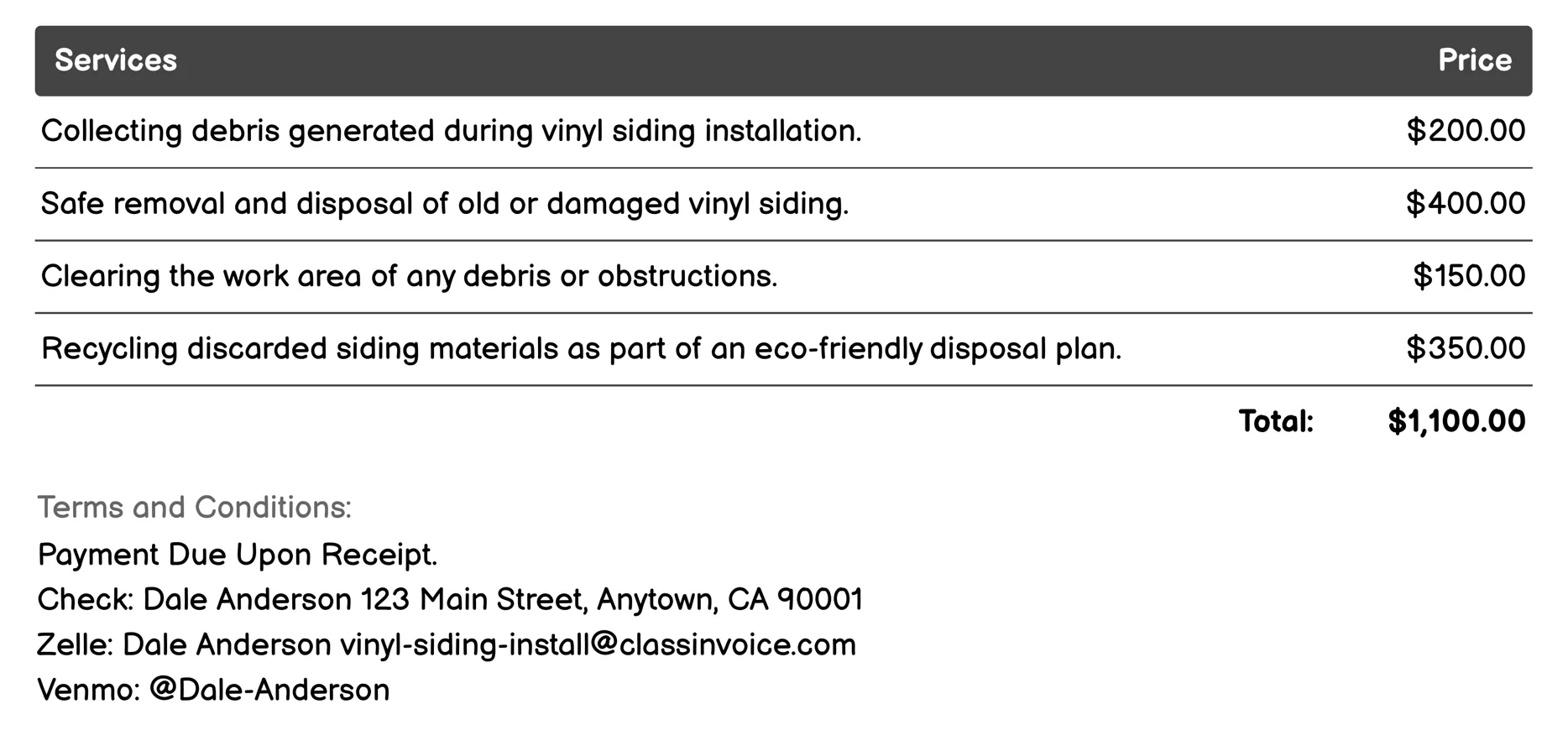 Cleaning and Waste Disposal Invoice Example