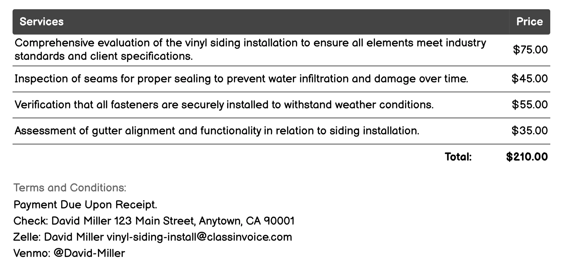 Final Inspection and Maintenance Advice Invoice Example