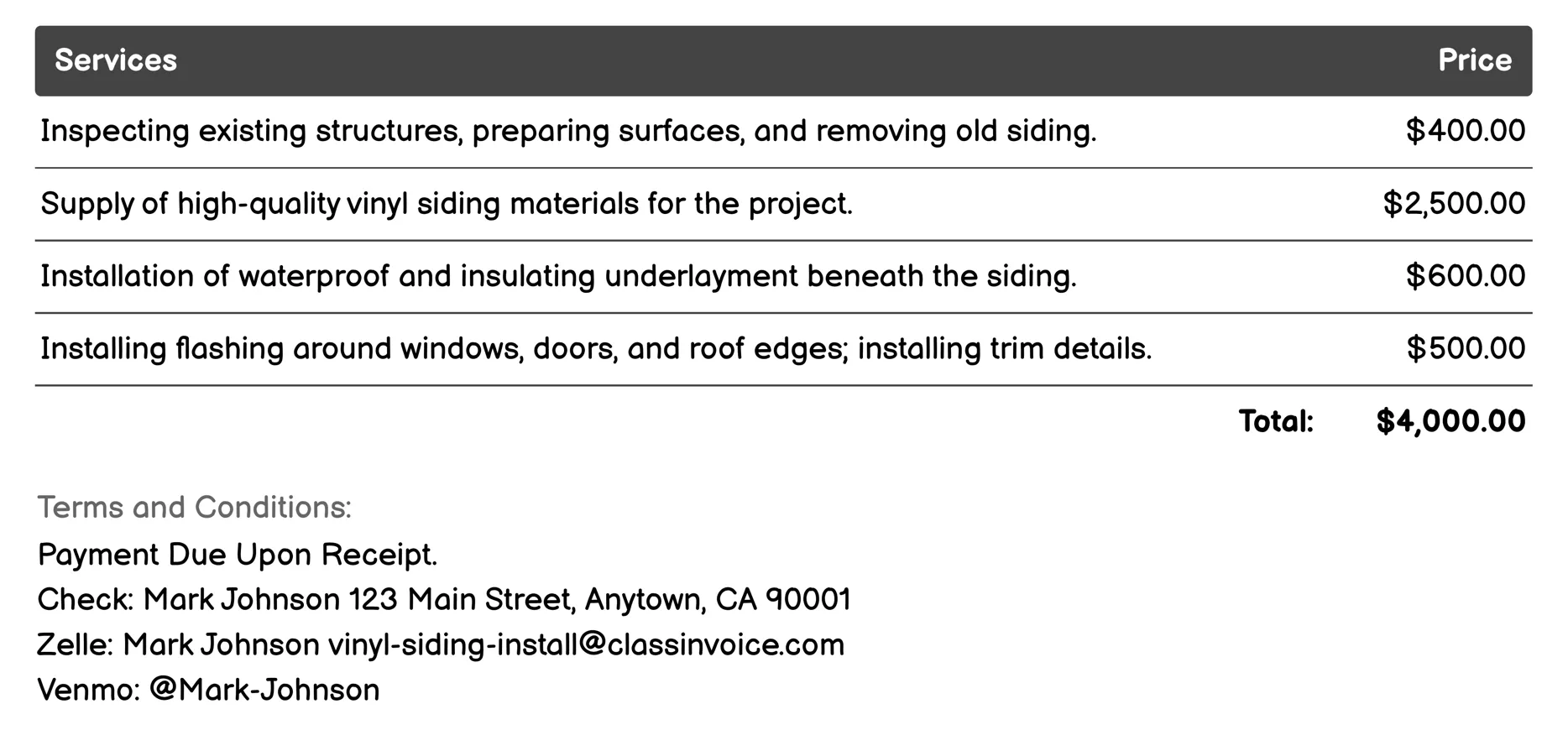 Installation of Vinyl Siding Invoice Example