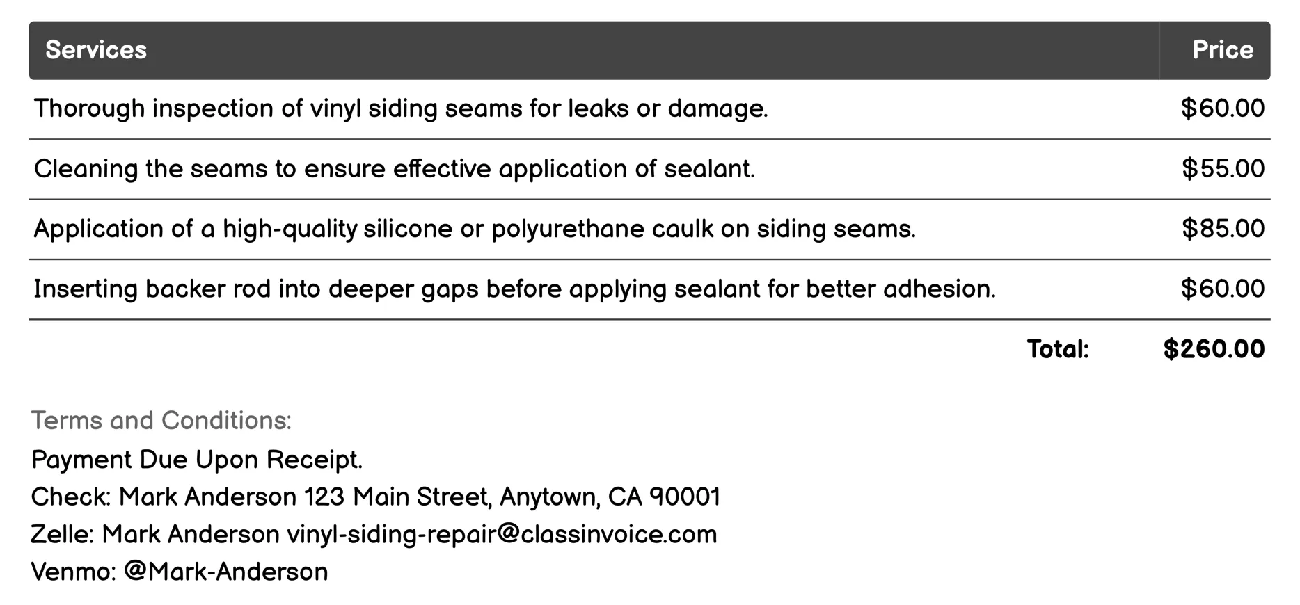 Seam Sealing Invoice Example