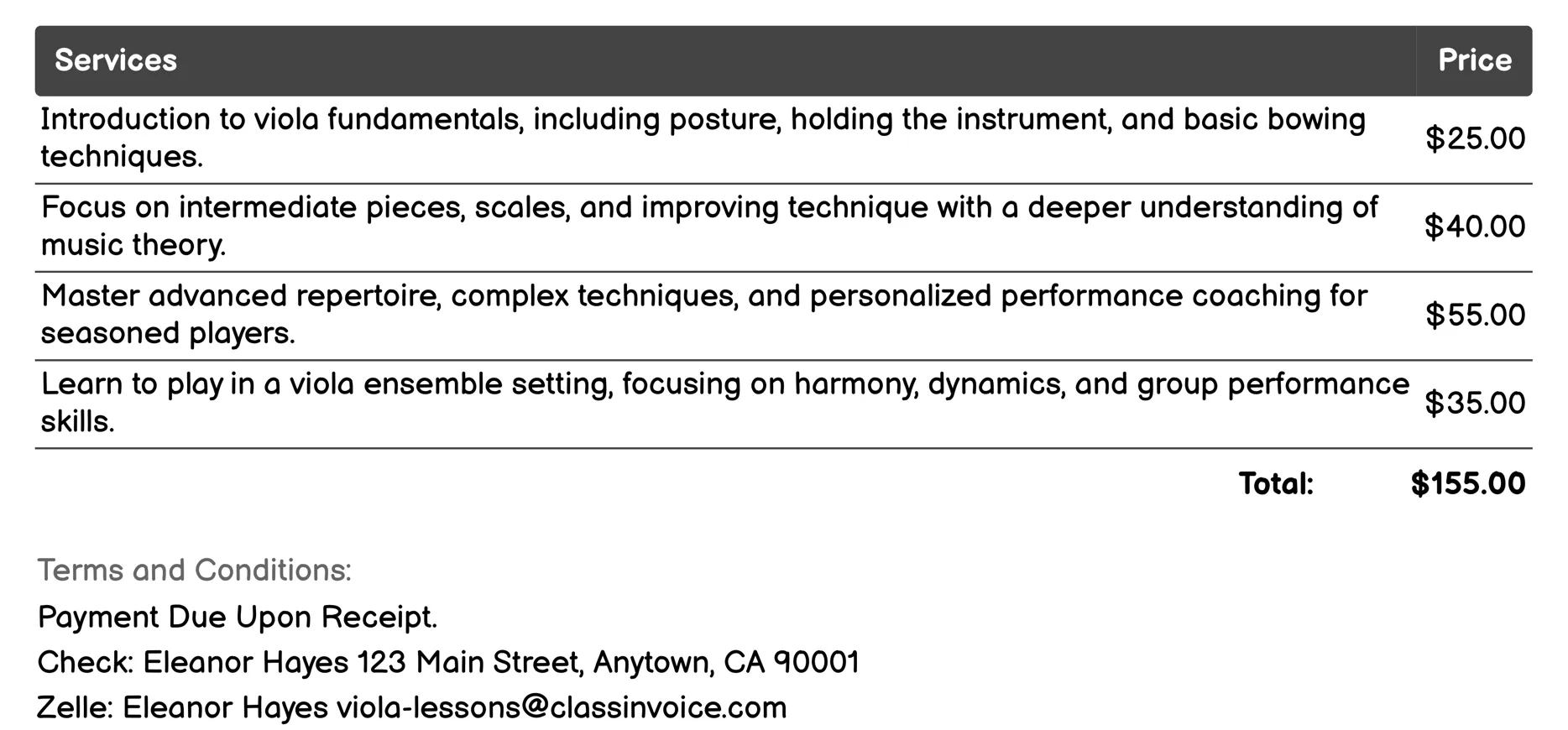 Online Viola Lessons Invoice Example