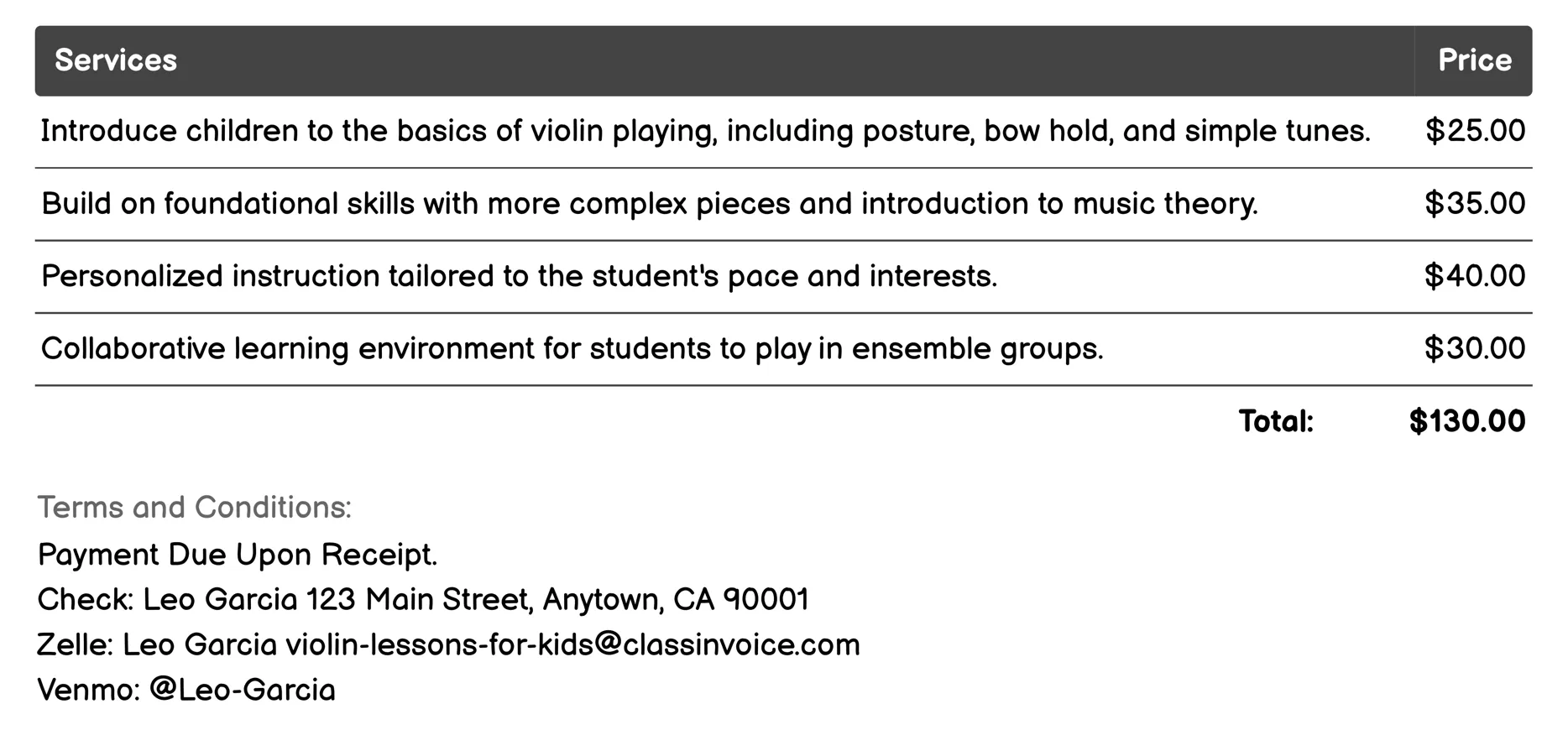 After-School Programs Invoice Example