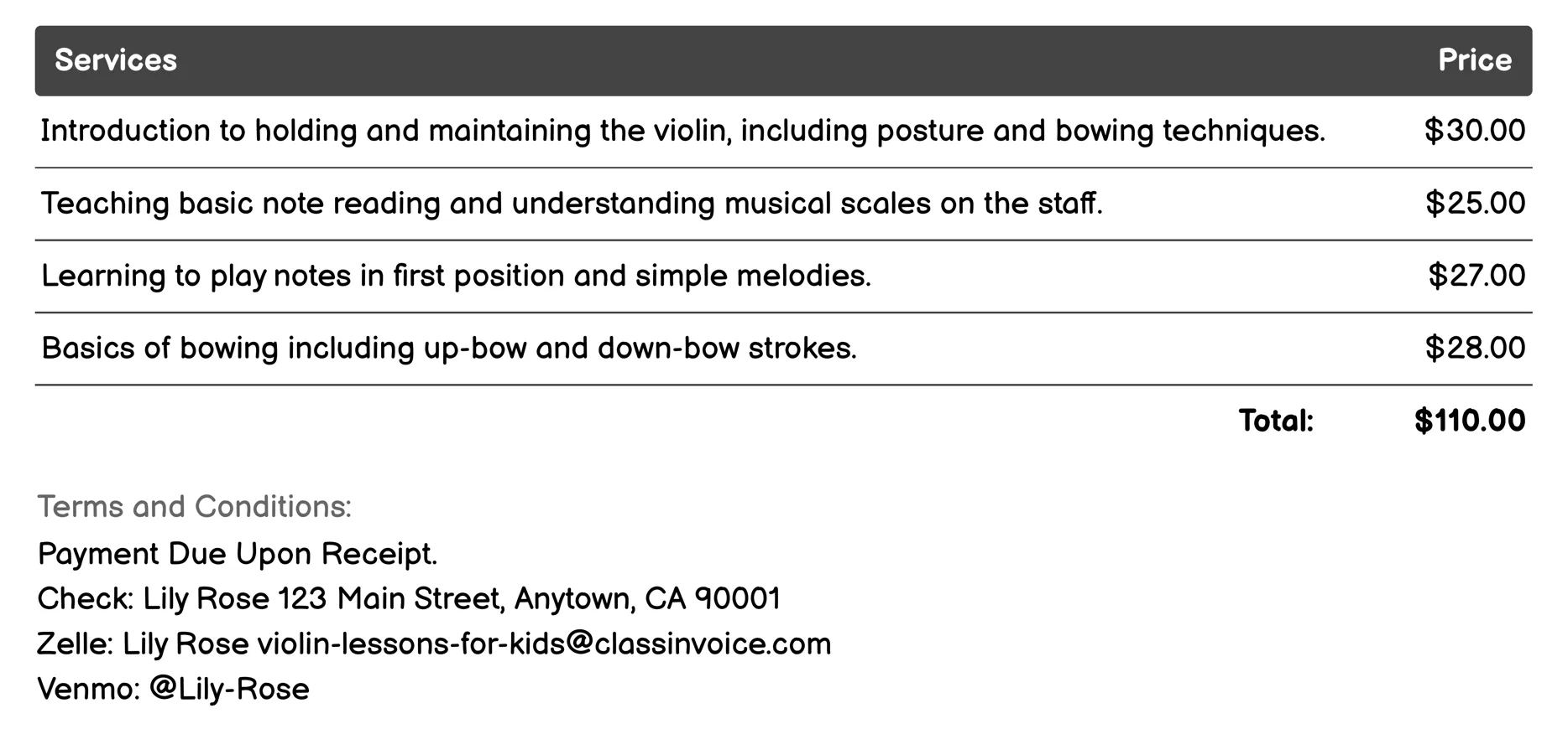 Beginner Courses Invoice Example