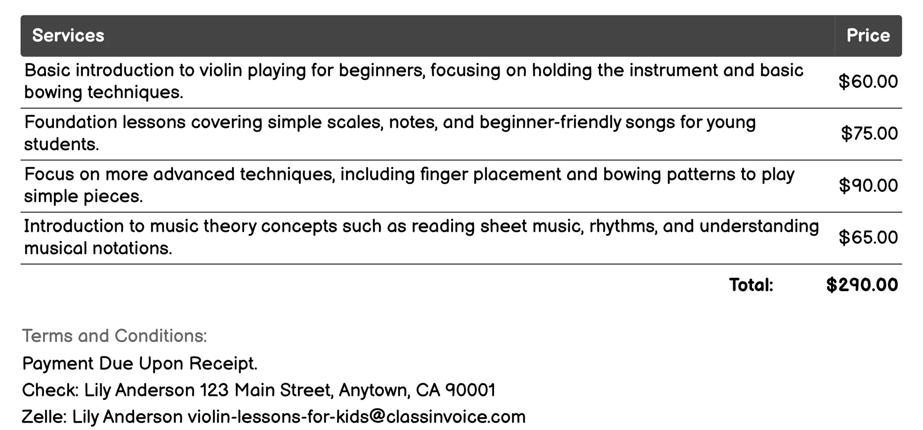 Group Classes Invoice Example