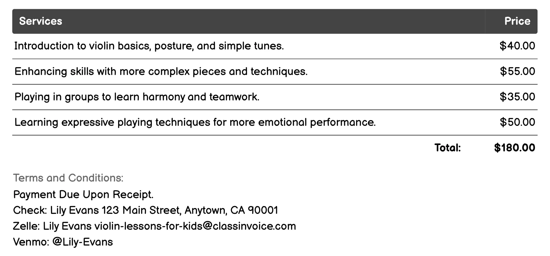 Summer Camps Invoice Example