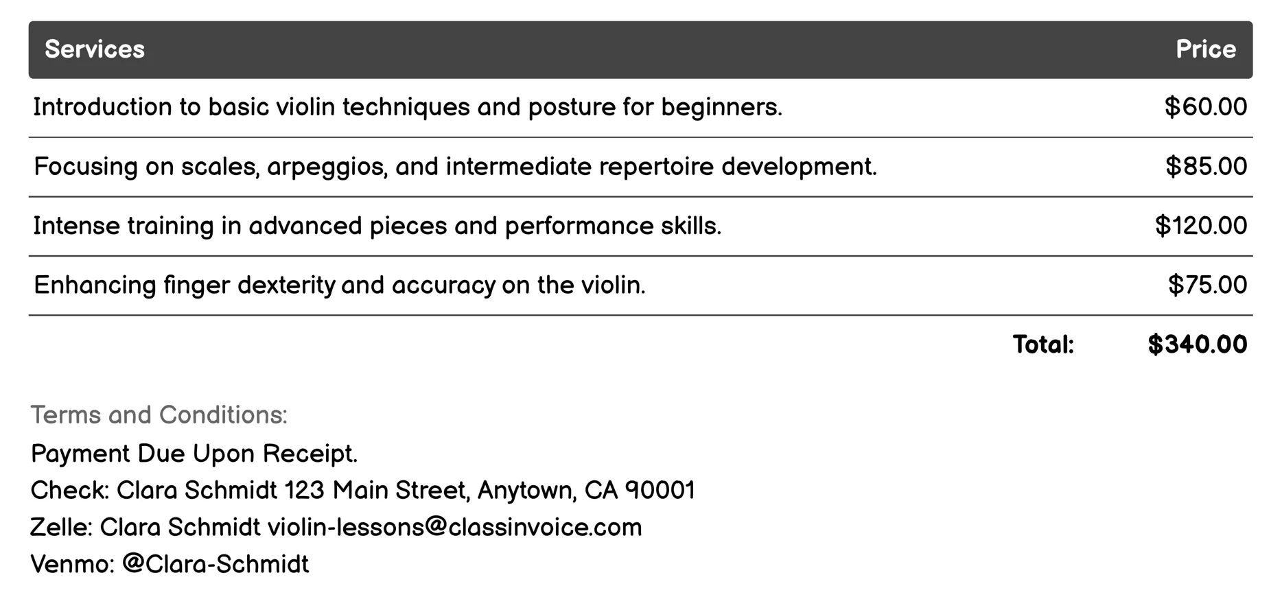 Masterclasses/Workshops Invoice Example