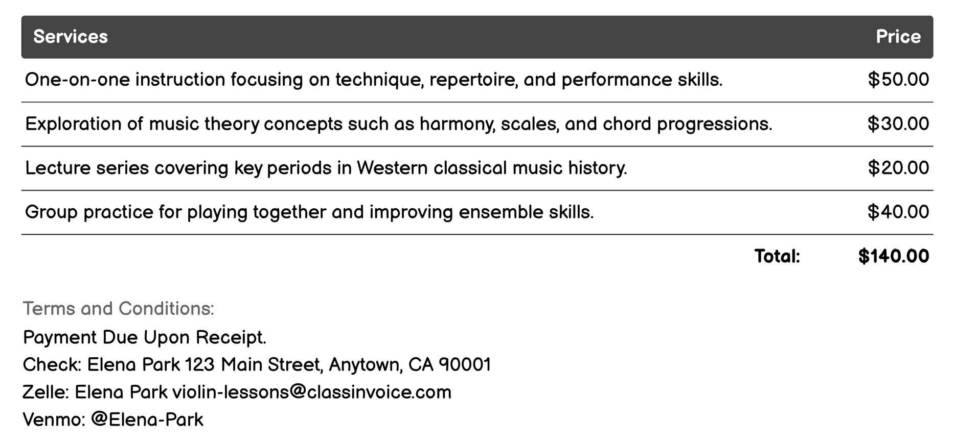 Music Theory and History Classes Invoice Example