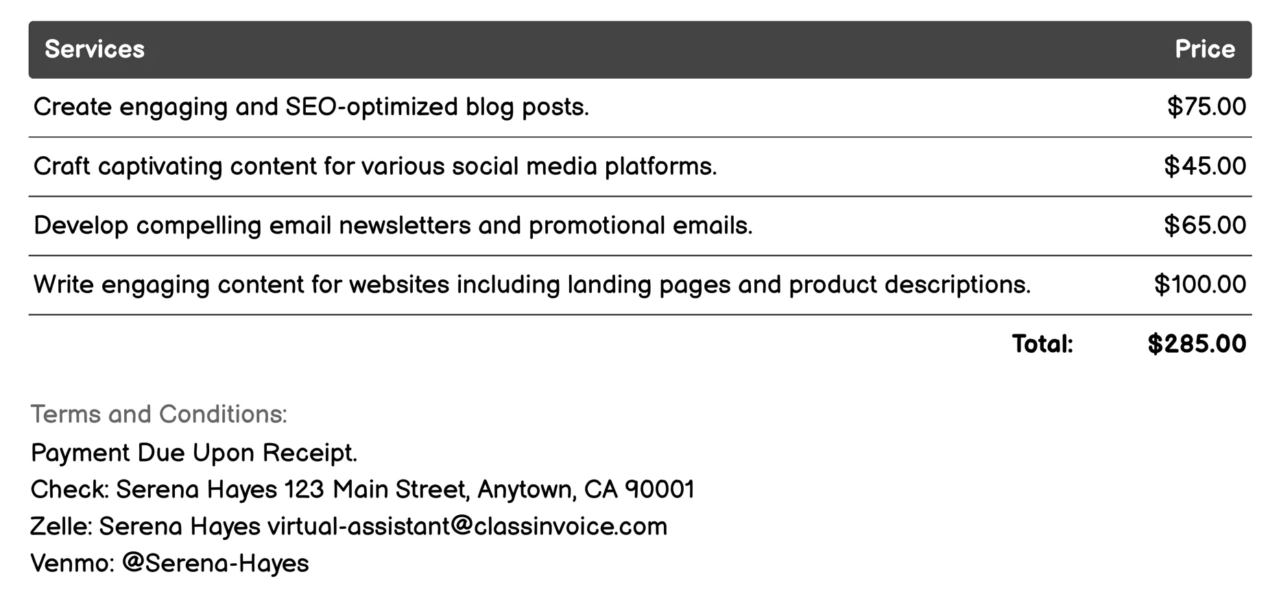 Content Creation Invoice Example