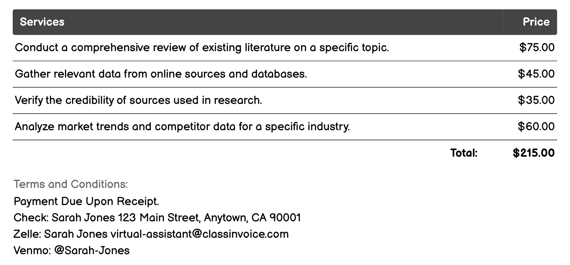 Online Research Invoice Example