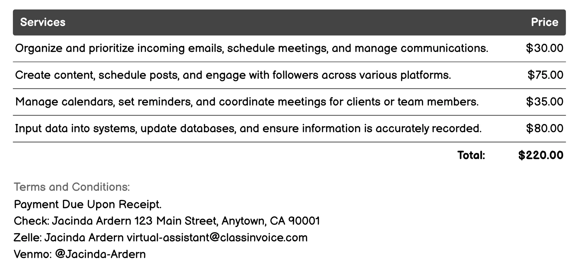 Virtual Assistant Administration Invoice Example