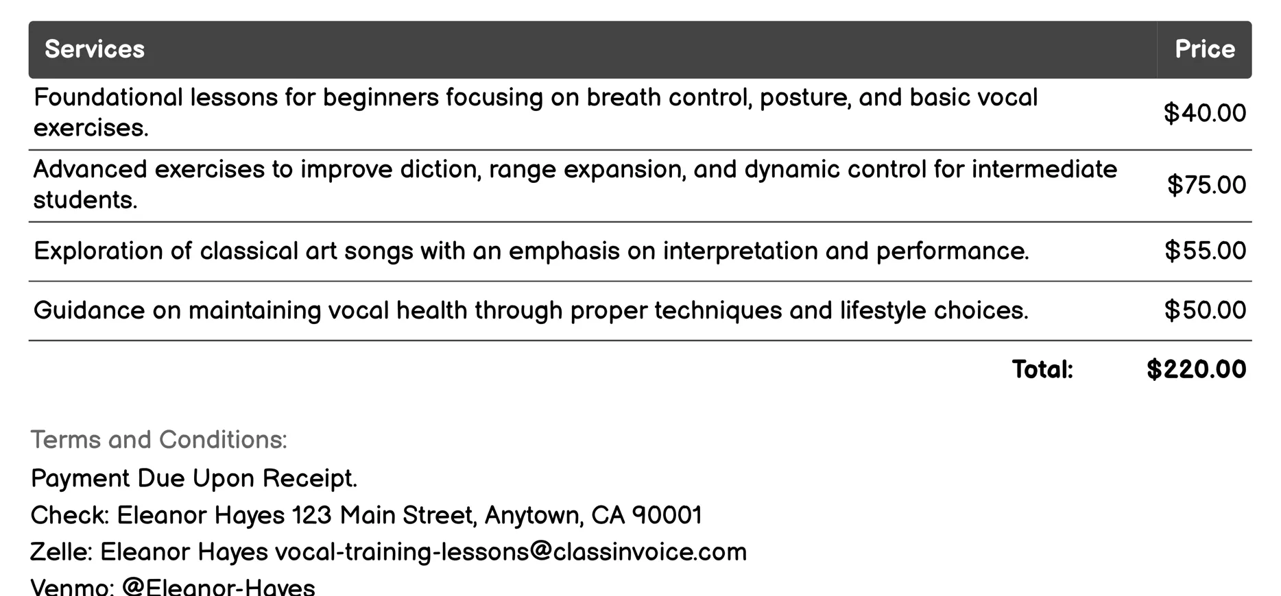 Classical Voice Lessons Invoice Example