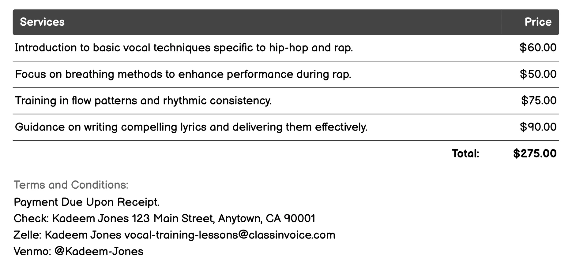 Hip-Hop/Rap Vocal Training Invoice Example