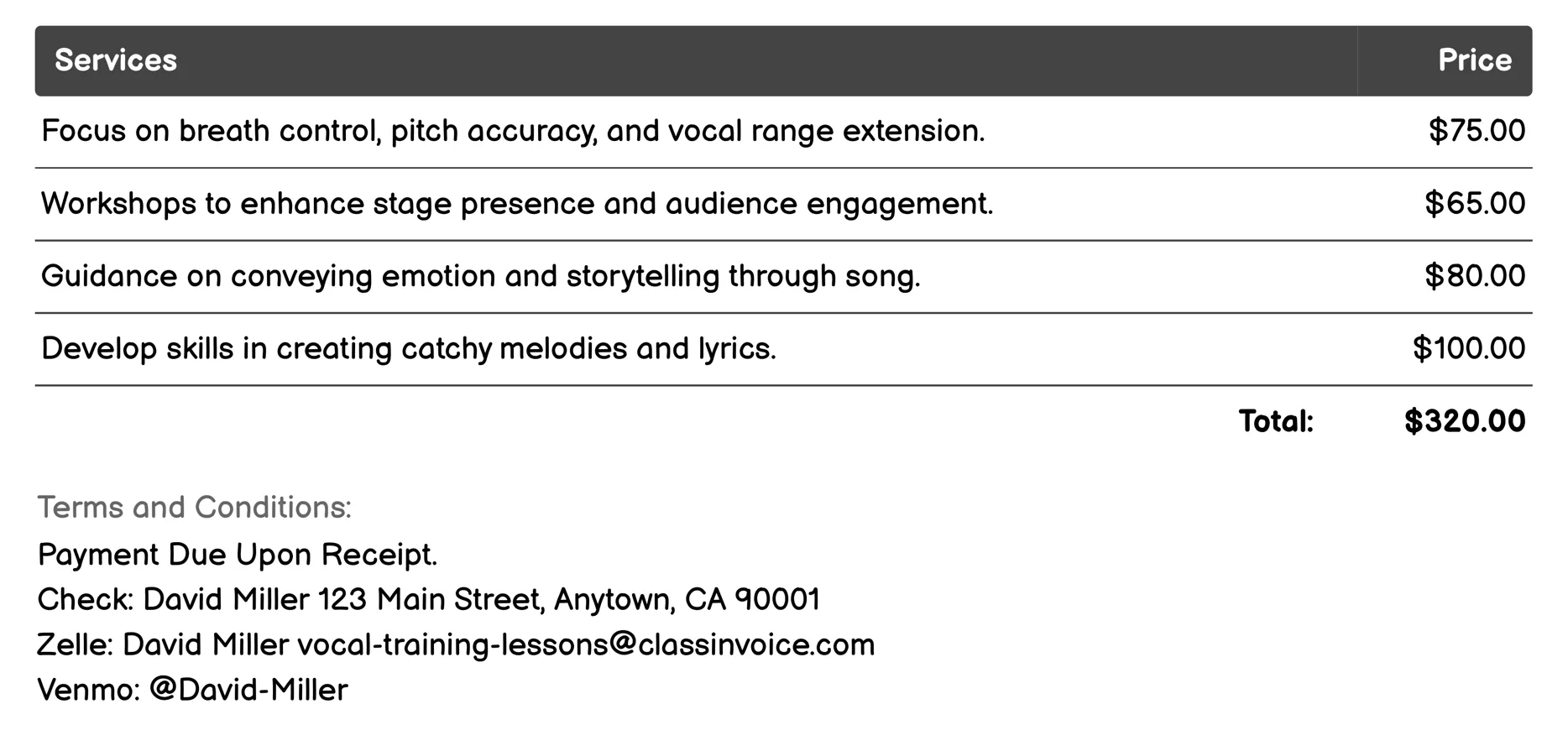 Pop Vocal Coaching Invoice Example