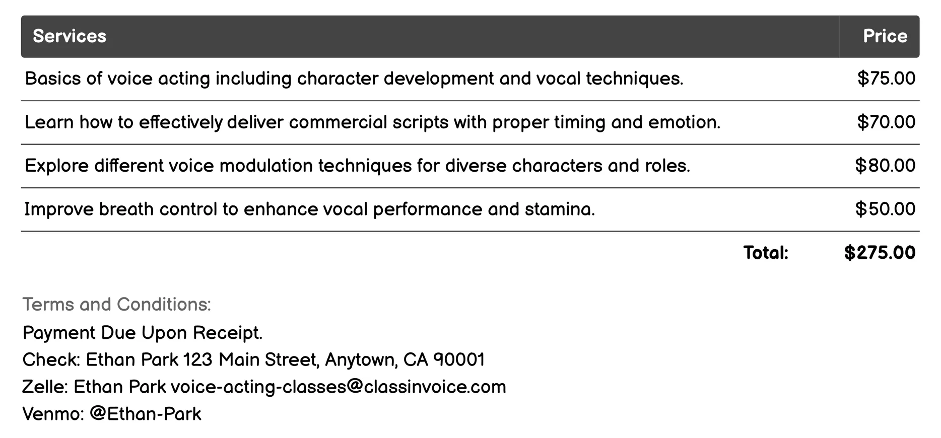Commercial Voice Acting Courses Invoice Example