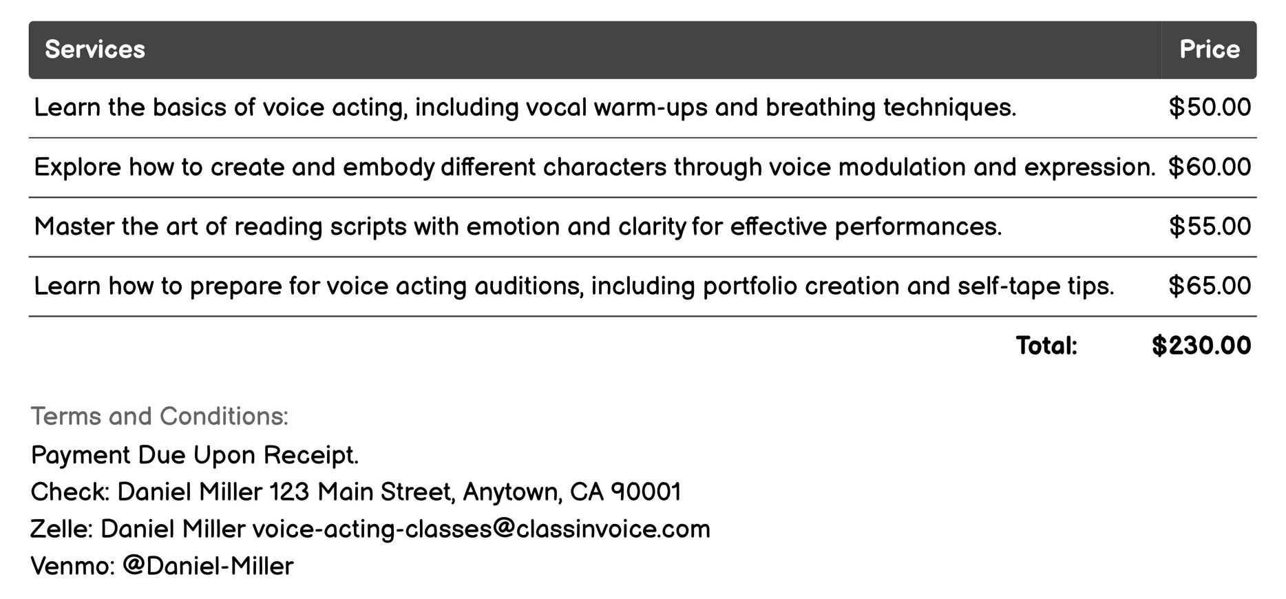 Online Voice Acting Tutorials Invoice Example