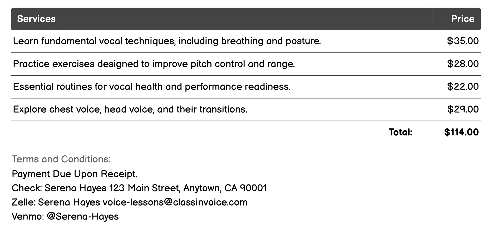 Beginner Voice Lessons Invoice Example