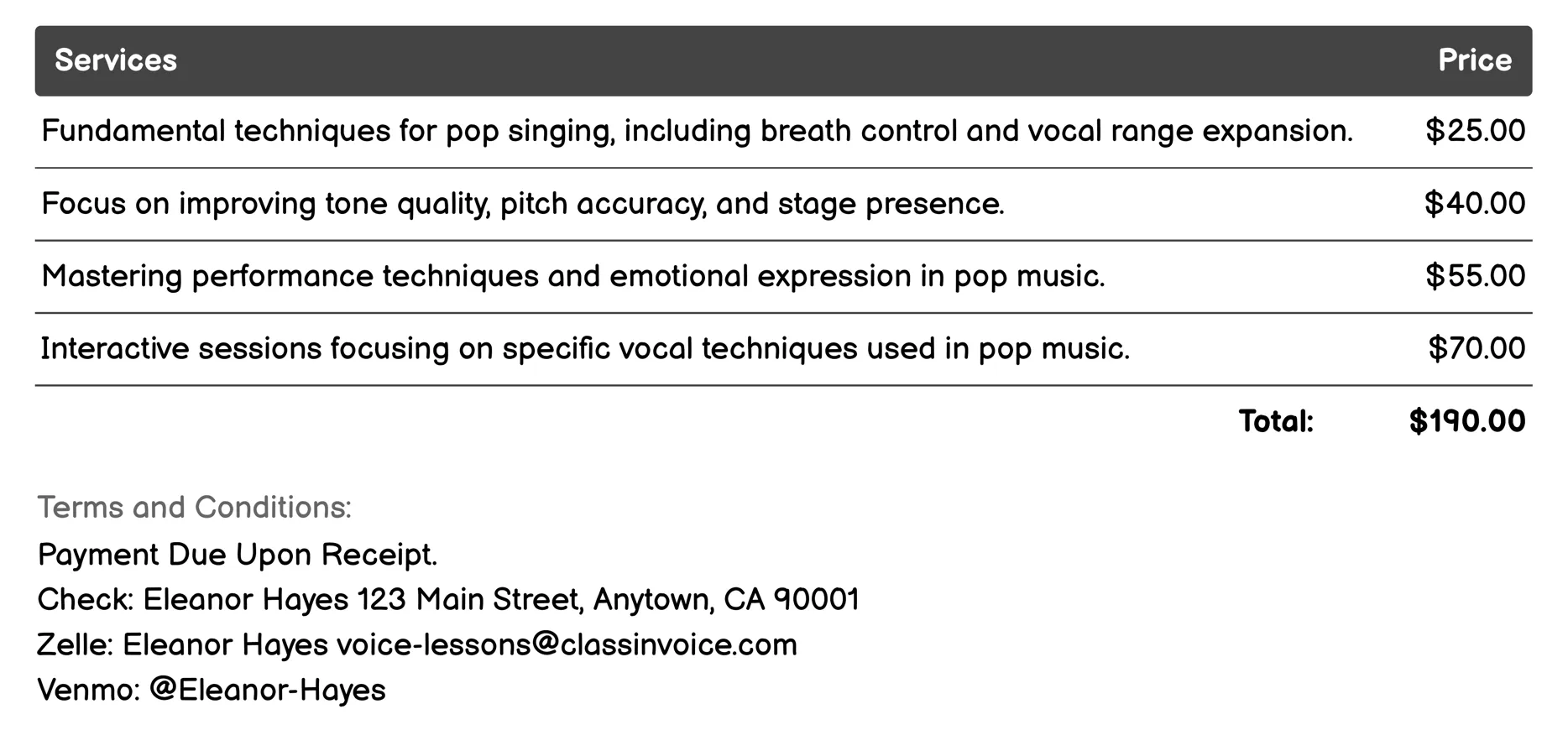 Pop Voice Lessons Invoice Example