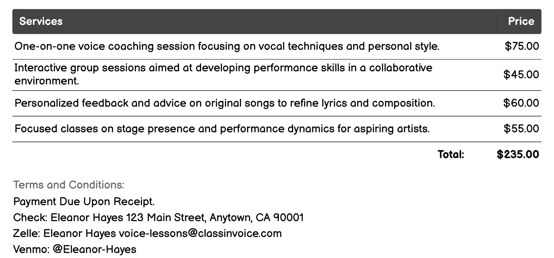 Songwriting and Performance Coaching Invoice Example